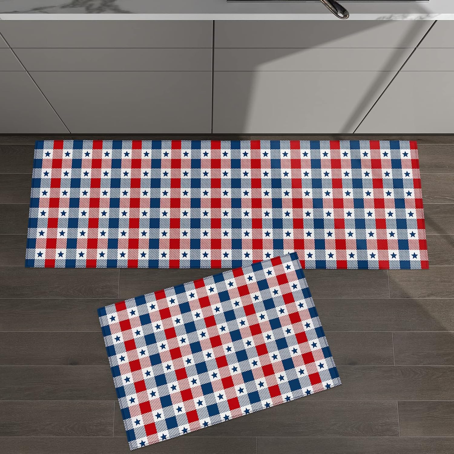 Teamery Kitchen Mats for Floor, 4th of July Independence Day Memorial Day Buffalo Plaid Stars Kitchen Rugs, Kitchen Organization Anti-Fatigue Kitchen Mat, Kitchen Decor Runner Rug Standing Desk Mats