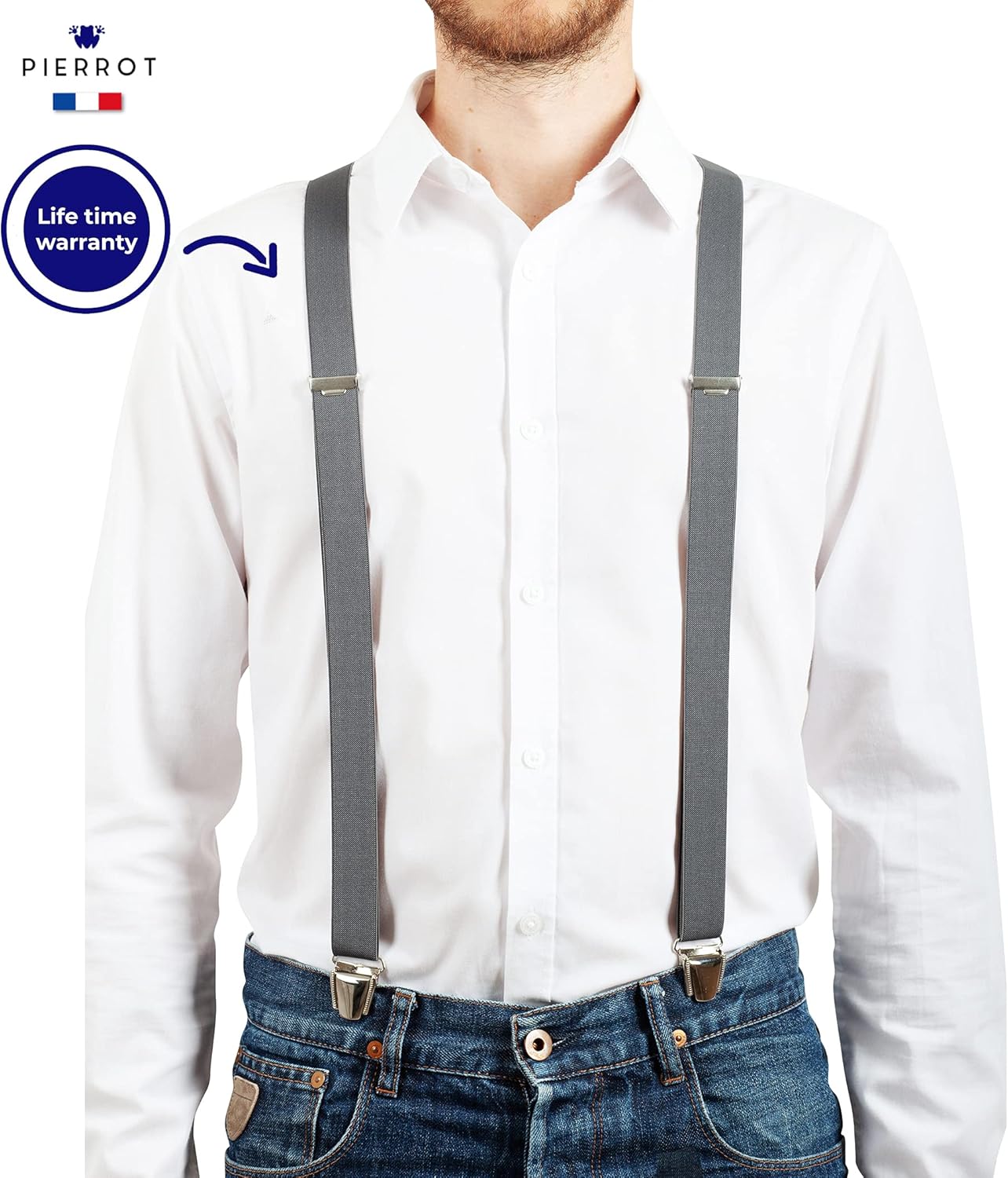 PIERROT Skinny Suspenders for Men with Very Strong Clips - One Size Adjustable and Elastic - Thin Heavy Duty Braces