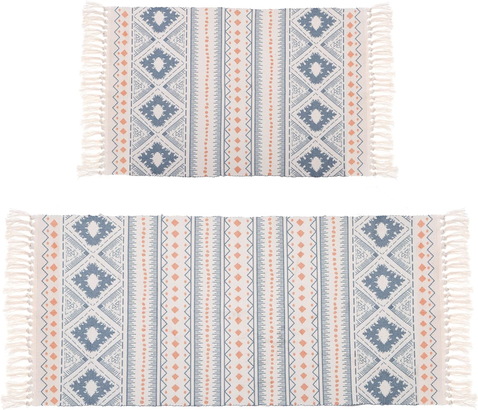 ZENFUN 2 Pack Cotton Area Rug with Tassel, Boho Rugs Washable Cotton Carpet, Hand Woven Bohemian Mat Throw Rugs Runner for Bathroom, Living Room, Bedroom, 2' x 3'+2' x 4'4"