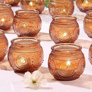 LAMORGIFT Amber Votive Candle Holders - Boho Wedding Decor Set of 48, Tea Light Holders for Fall Weddings, Vintage Style