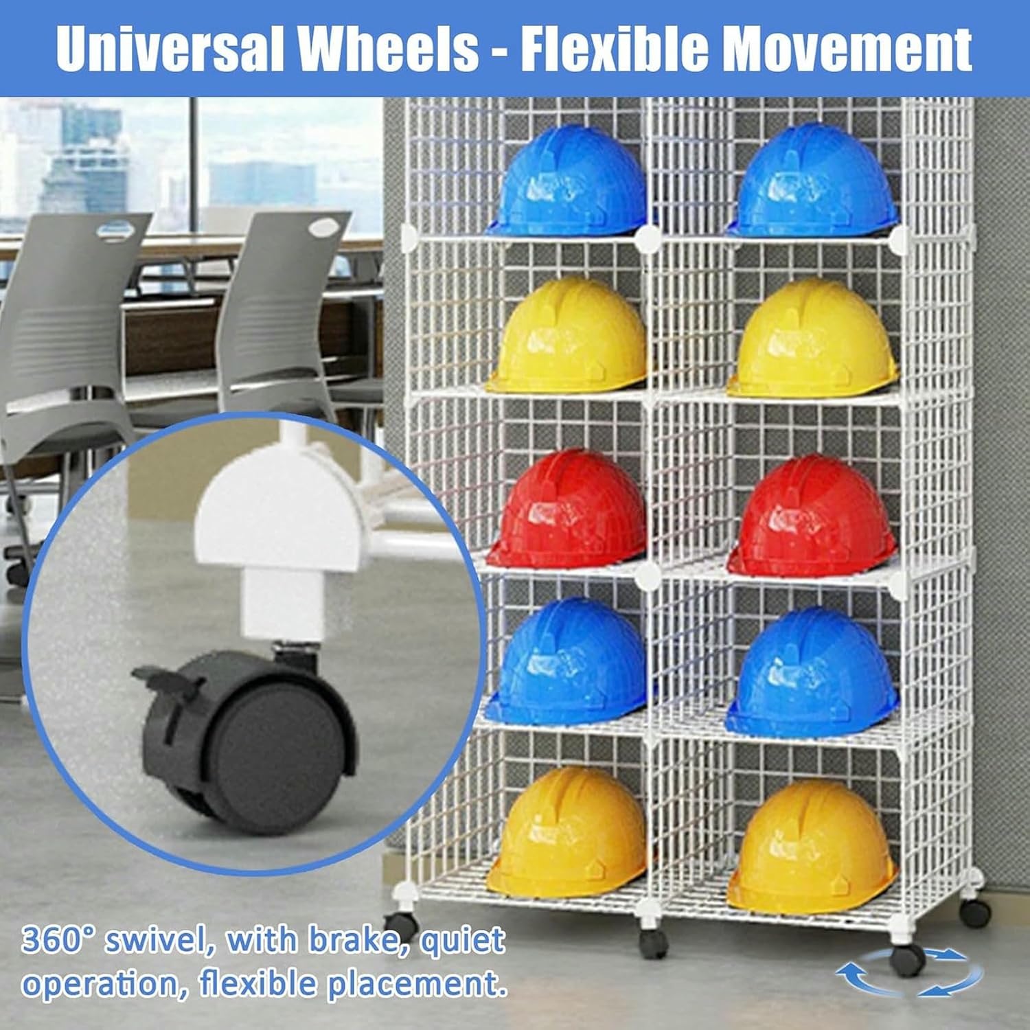 Stackable Safety Helmet Storage Boxes, Large Adjustable Hard Hat Placement Rack with Wheels, Iron Wire Helmet Display Shelf for Construction Site/Workshop/Factory