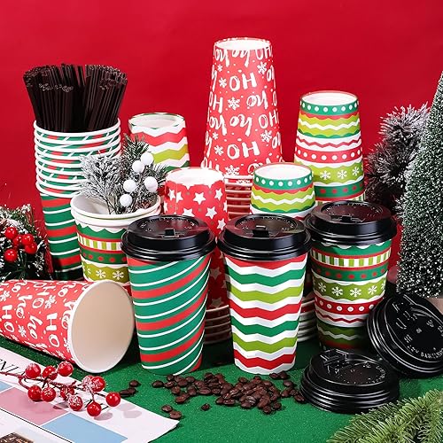 Miniatura 4 de Paquete de 120 tazas de café de papel de Navidad de 16 onzas, tazas de café desechables con tapas y agitadores, taza de bebida con 6 diseños para