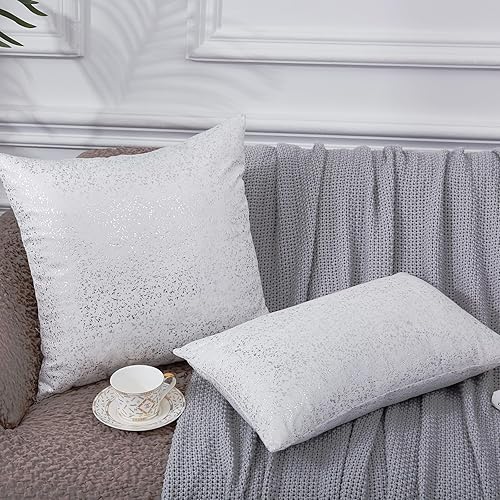 Miniatura 2 de Juego de 2 fundas de almohada plateadas, juego de 2 fundas de cojín blancas de terciopelo cuadradas decorativas con plata para decoración del hogar,