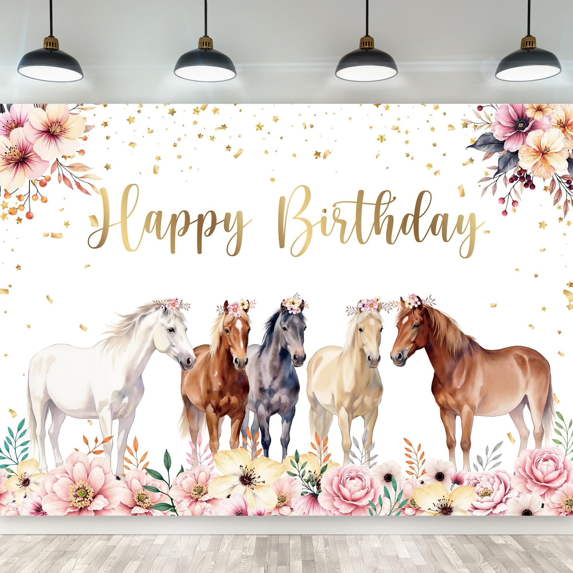 Riyidecor Horse Happy Birthday Backdrop Watercolor Florals 7Wx5H Feet Polyester Fabric Western Cowgirl Photography Background for Girls Women Princess
