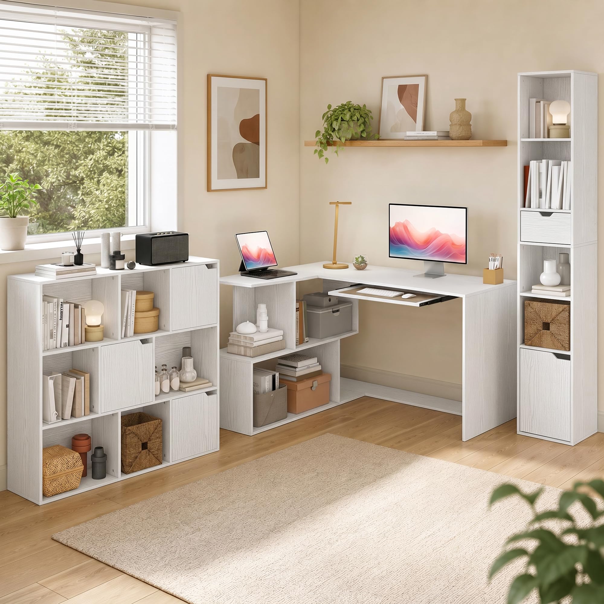 HOMCOM Bureau d'angle, Bibliothèques Basse Haute, Plateau Clavier, Blanc