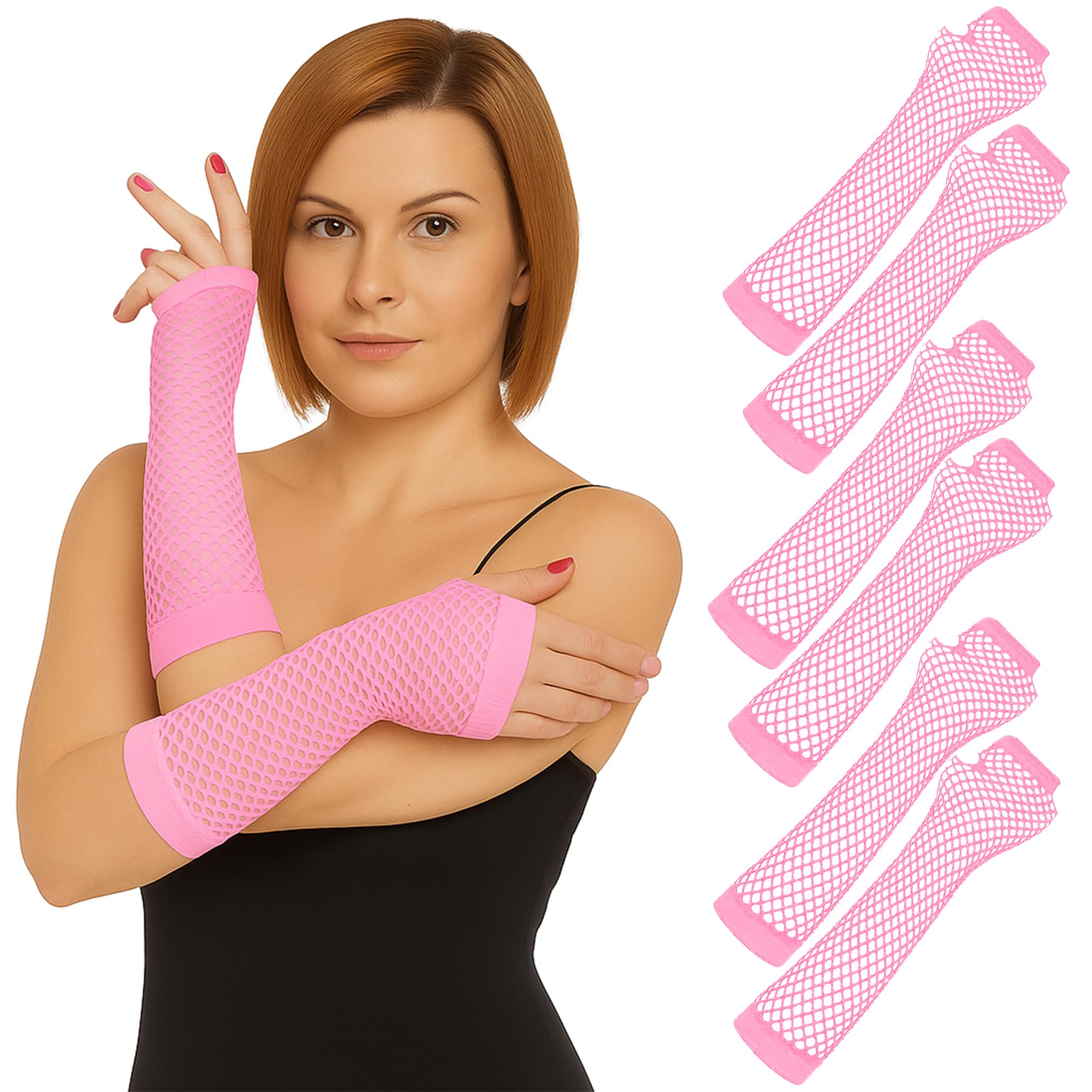 The Fancy Dress 3 Pairs Neon Lace Fingerless Fishnet Gloves - 80s Retro Theme Party Fish Net Mesh Arm Sleeves For Disco Dance Halloween Costume Accessories, L Pink