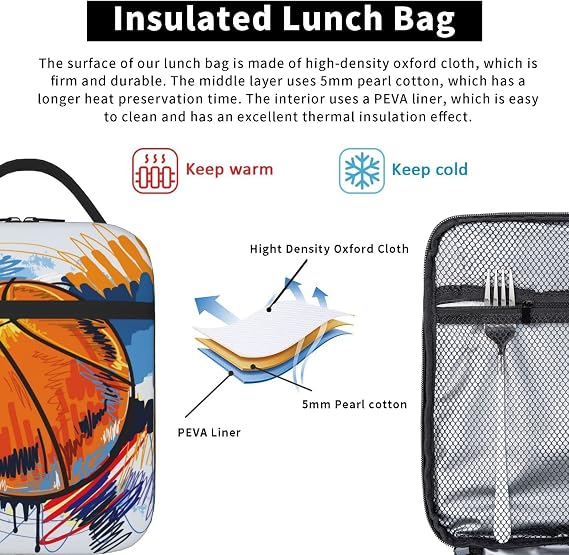 Basketball Lunch Box Insulated Lunch Bag Box kids Girls Boys, Reusable Small Bento Lunch Box Containers for kids Women Men, Cooler Tote Bag Lunchbox for Work Office School Picnic Travel