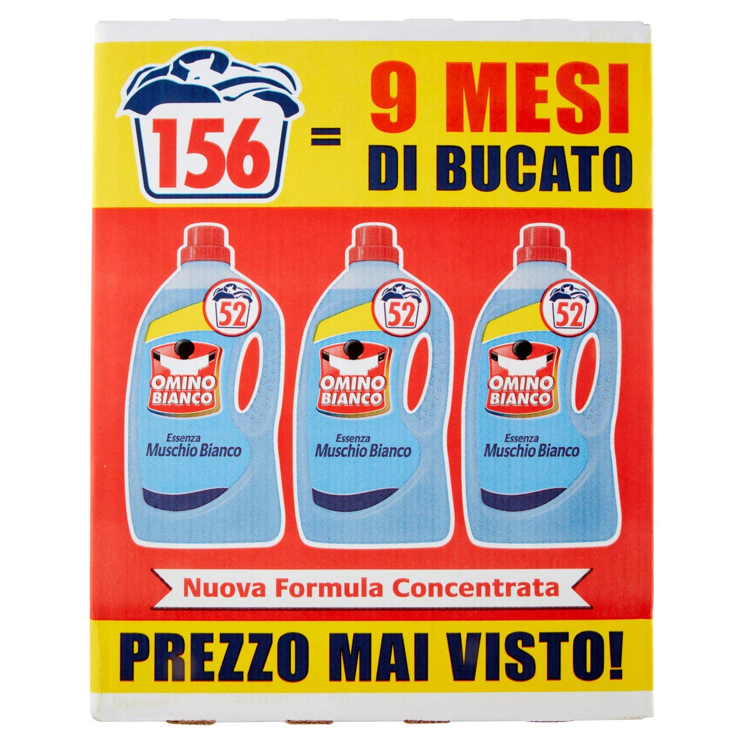Omino Bianco - Flüssigwaschmittel, 156 Waschgänge, respektiert Farben und Stoffe, frischer Duft mit weißer Moschus-Essenz, 2600 ml x 3 Packungen