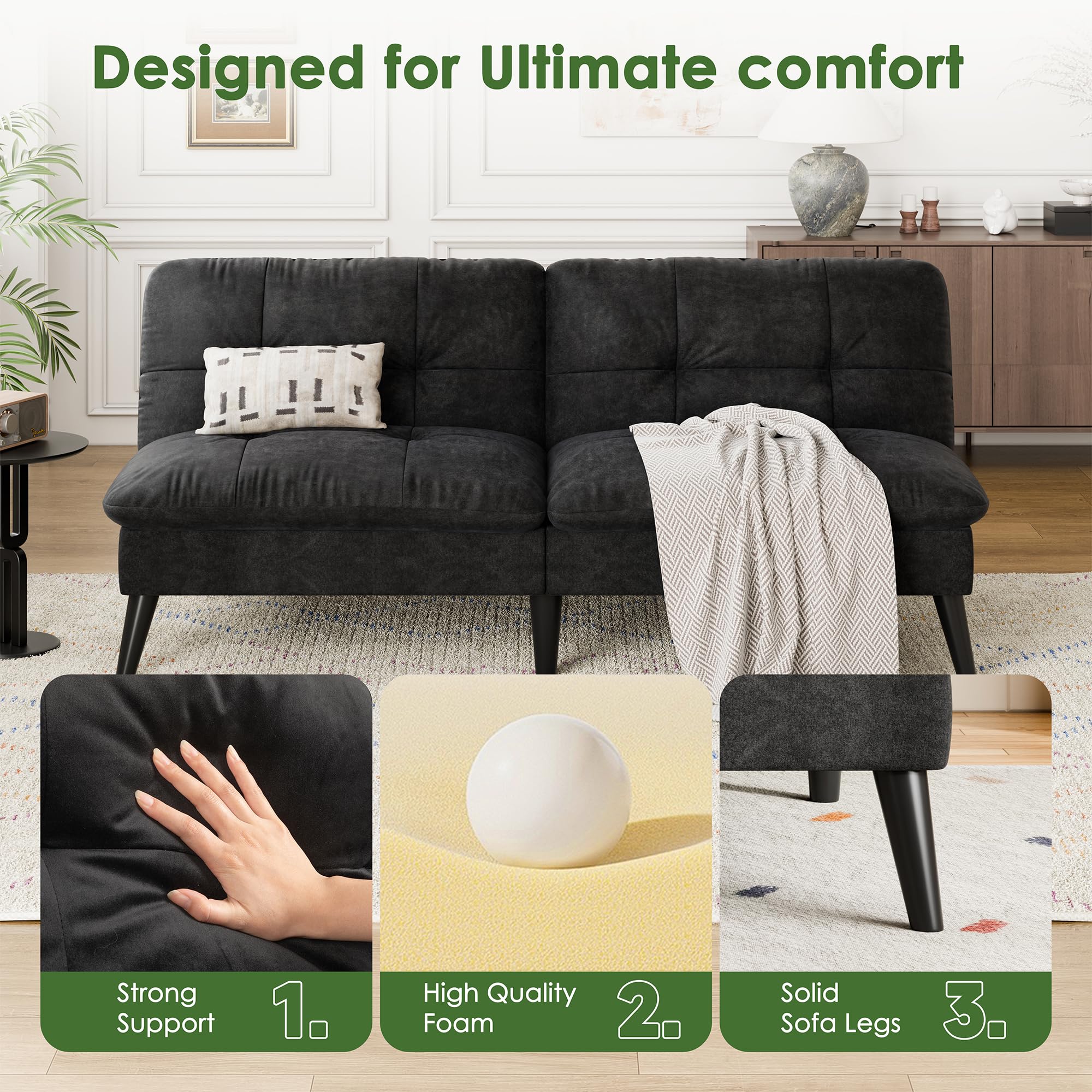 Vongrasig Futon Sofa Bed Velvet Futon Couch with Adjustable Backrest, Small Convertible Folding Sleeper Sofa Bed, Modern Loveseat for Living Room, Bedroom and Small Space, (Black)