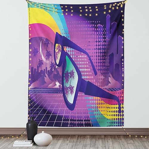 Ambesonne Synthwave - Tapiz retro futurista con palmeras y rascacielos, arco iris y gafas, colgante de pared para dormitorio, sala de estar,