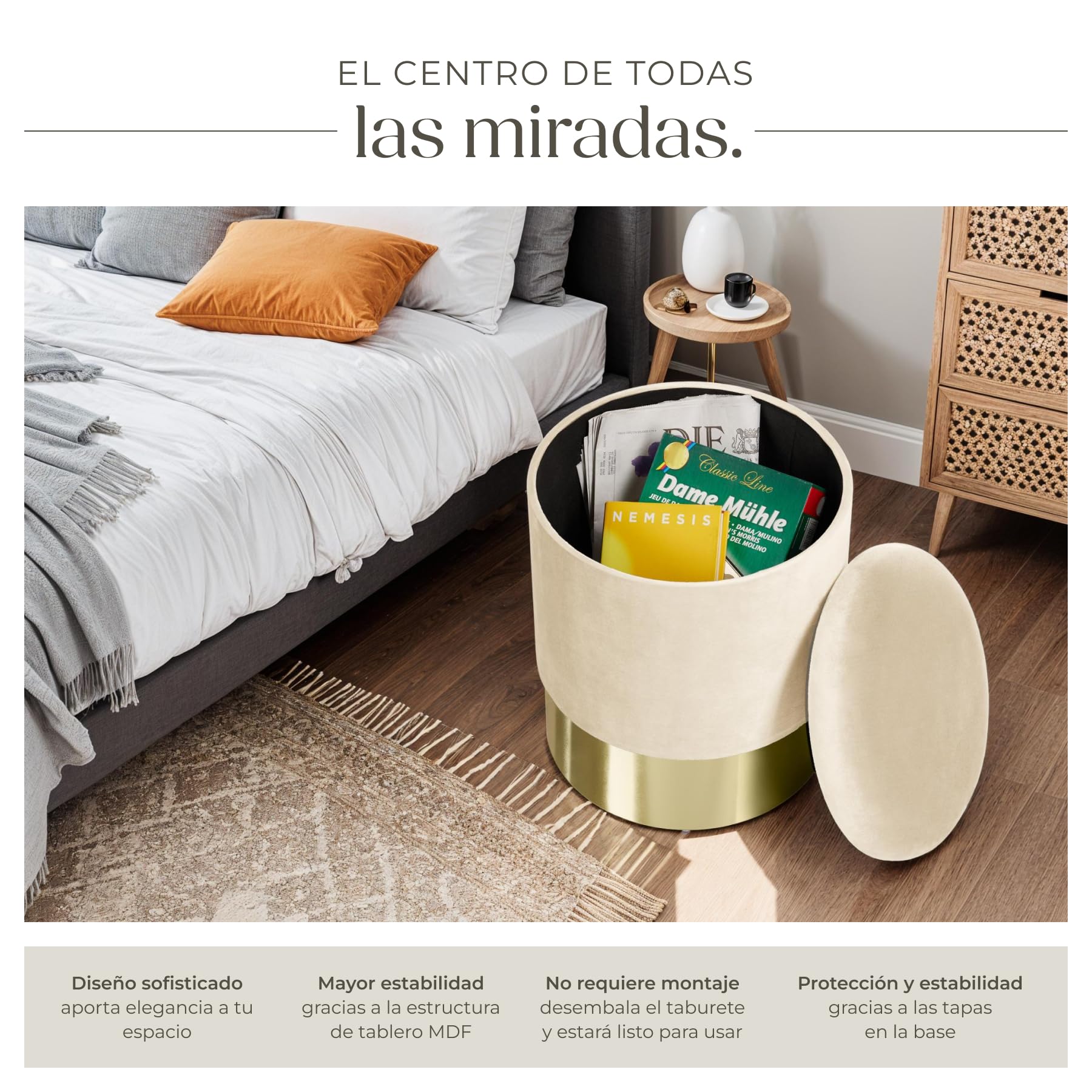 tectake® Taburete Tocador con Almacenaje para Dormitorio, Ideal Puff Almacenaje o Silla Tocador Maquillaje, un Mueble Auxiliar Dormitorio Práctico y Elegante - 36 x 36 x 44,5 cm Crema