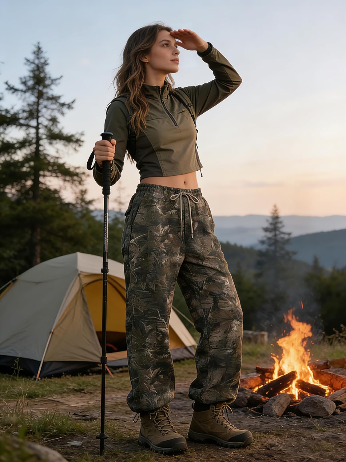 Camo Pants Women Baggy Fleece Y2K Camouflage Cargo Pants High Waisted Wide Leg Drawstring Jogger Sweatpants - Image 3