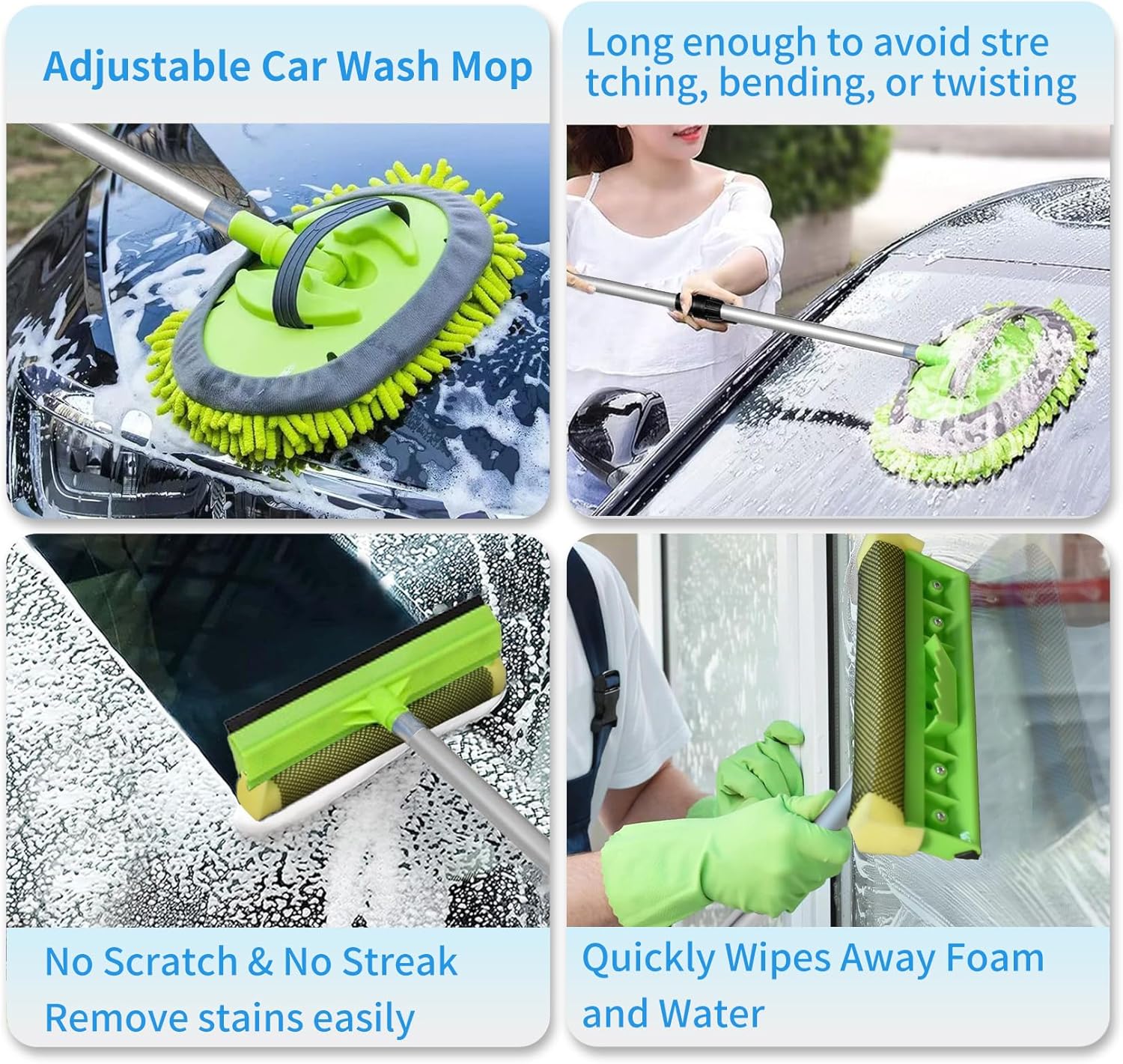 Ultimate RV/Truck Wash Brush Kit – 68" Adjustable Aluminum Pole with Flow-Thru Hose Attachment, Soft Bristles w. Replaceable Chenille Mop Squeegee, Reinforced Connectors – Safe for Car/Truck/RV/SUV