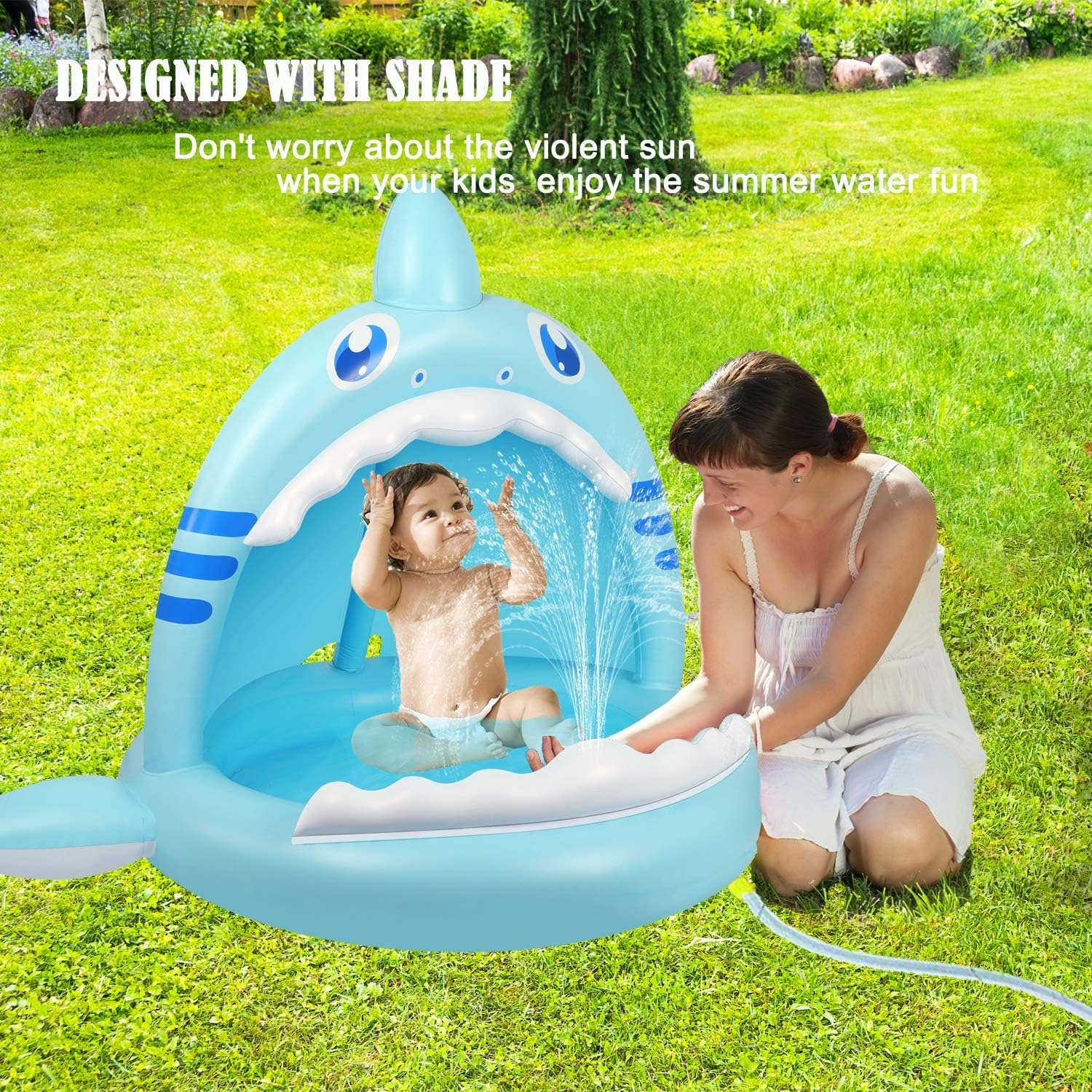 Piscine pour Bébé, Pataugeoire Gonflable Requin pour Jeunes Enfants avec Jet d'eau et Auvent, Aire de Jeux pour Intérieur Extérieur Tente Piscine Pliable Bebe