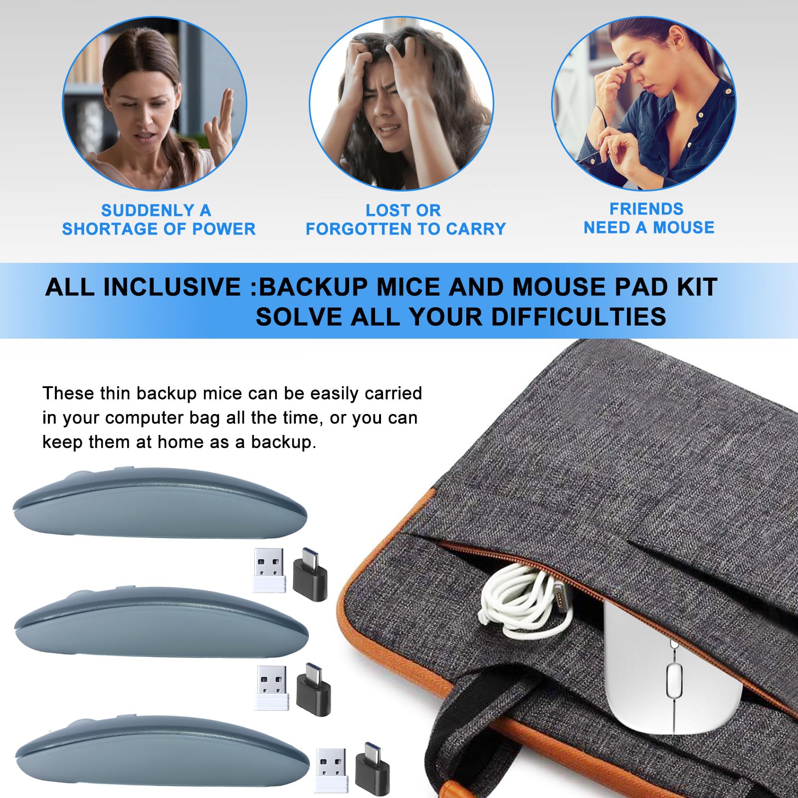 Souris sans fil, 3 souris silencieuses et 1 tapis de souris, souris de bureau optique portable, 2,4 GHz avec mini récepteur USB, 3 DPI réglables pour ordinateur portable, PC, ordinateur de bureau, 3