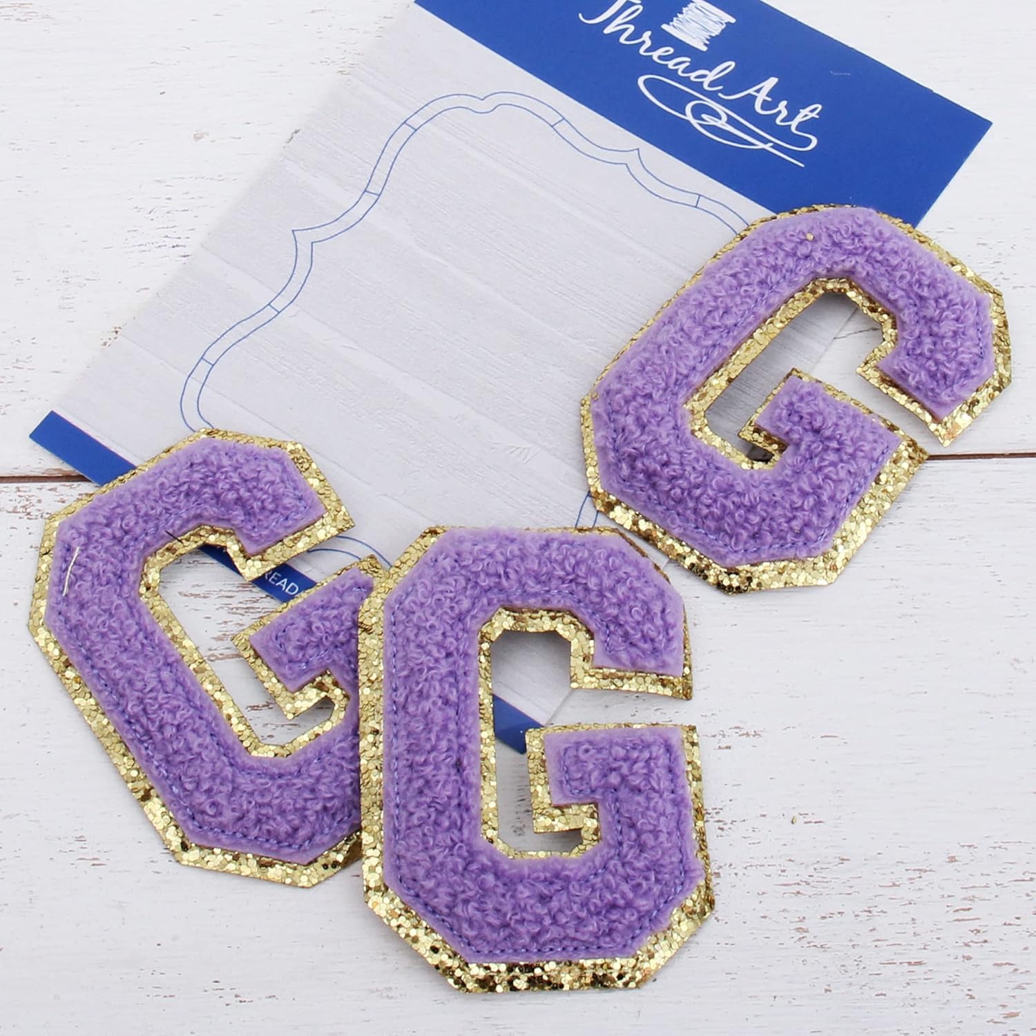 3 Pack Chenille Iron On Glitter Varsity Letter 5cm Tall "G" Patches - Lavender Chenille Fabric with Gold Glitter Trim - Sew or Iron on - 5CM LAV G