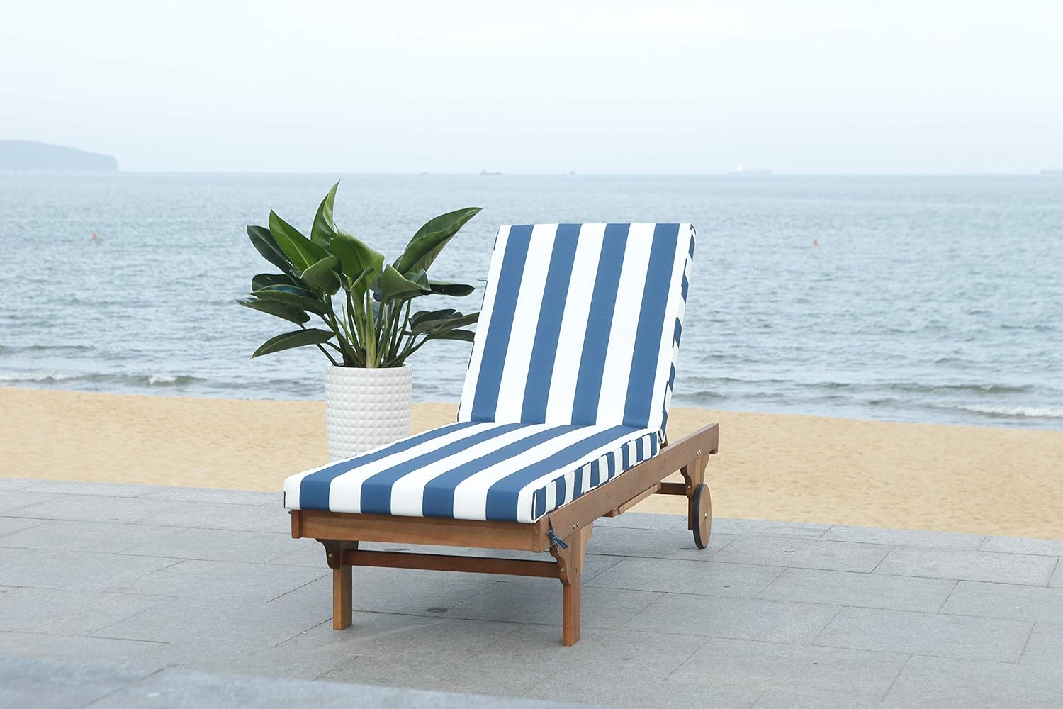SAFAVIEH Outdoor Collection Newport Natural/ Navy & White Stripe Cushion Built-in Side Table Adjustable Chaise Lounge Chair