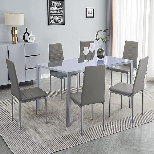 Miniatura 10 de paonne Juego de mesa de comedor y silla de vidrio de 7 piezas, juego de mesa de comedor para 6 mesas de cocina con 6 sillas, mesa rectangular de