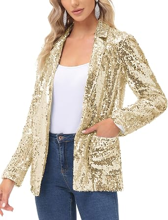 KANCY KOLE Womens Sequin Jackets Open Front Blazer Jacket Casual Long Sleeve Sparkly Cardigan Coat with Pocket S-XXL