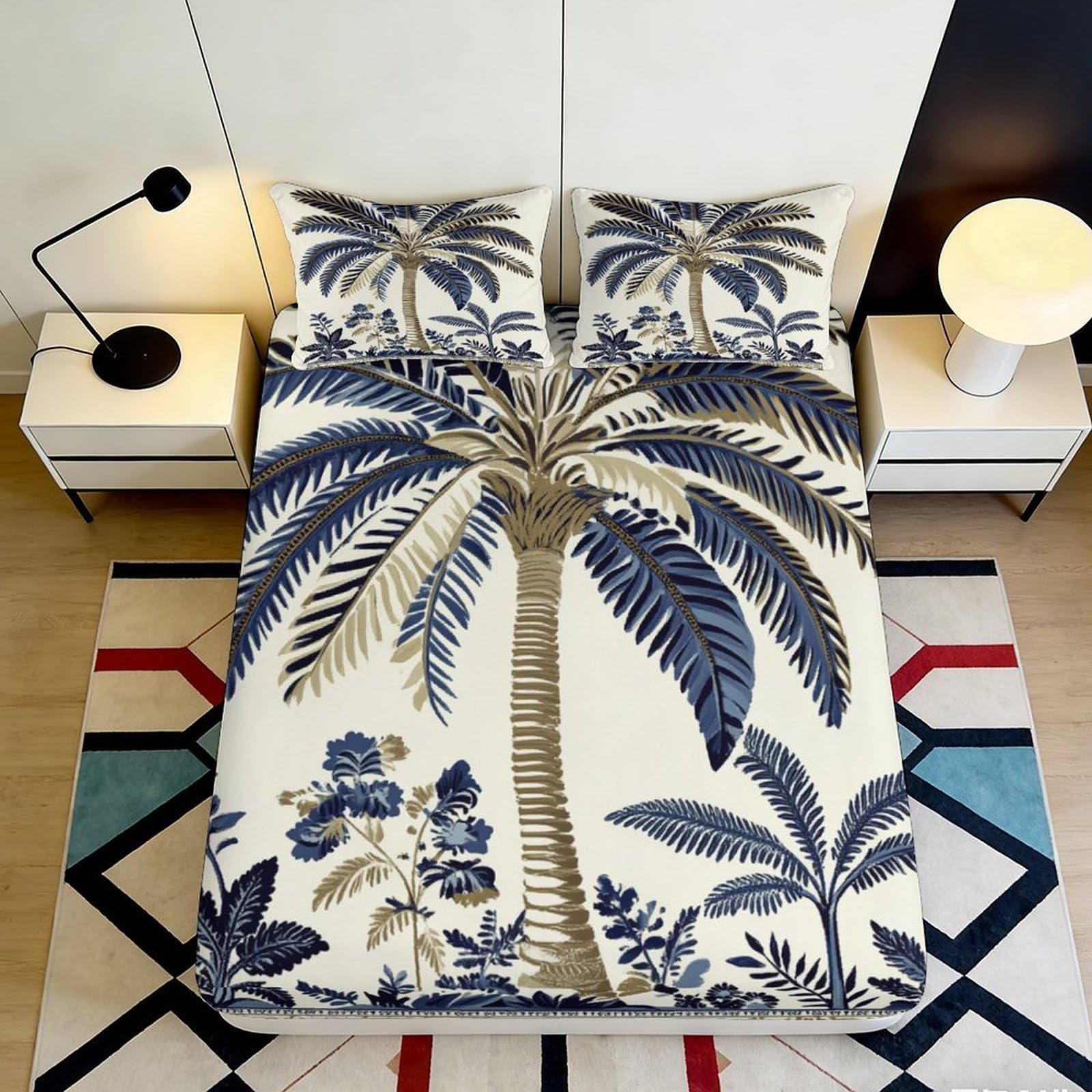 3D Printed Palm Tree Fitted Sheet Microfiber Soft Breathable Tropical Leaves Bed Cover for Bedroom Dormitory Guest Room Mattress Protection 120x200x25cm