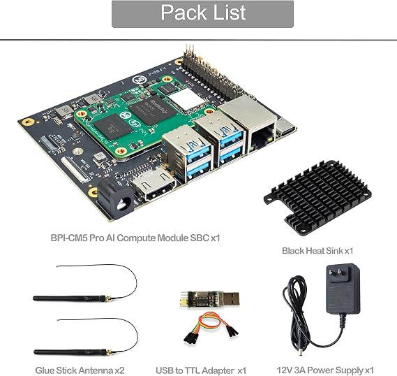 Banana Pi BPI-CM5 Pro AI Compute Module, 4GB RAM 32GB eMMC 6Tops NPU 2.2GHZ Quad-Core CPU, for AI IoT Development 4K Vdeo Codecs Compatible with Rasp-BerryPi CM4 (Full Kit1, with WiFi Module)