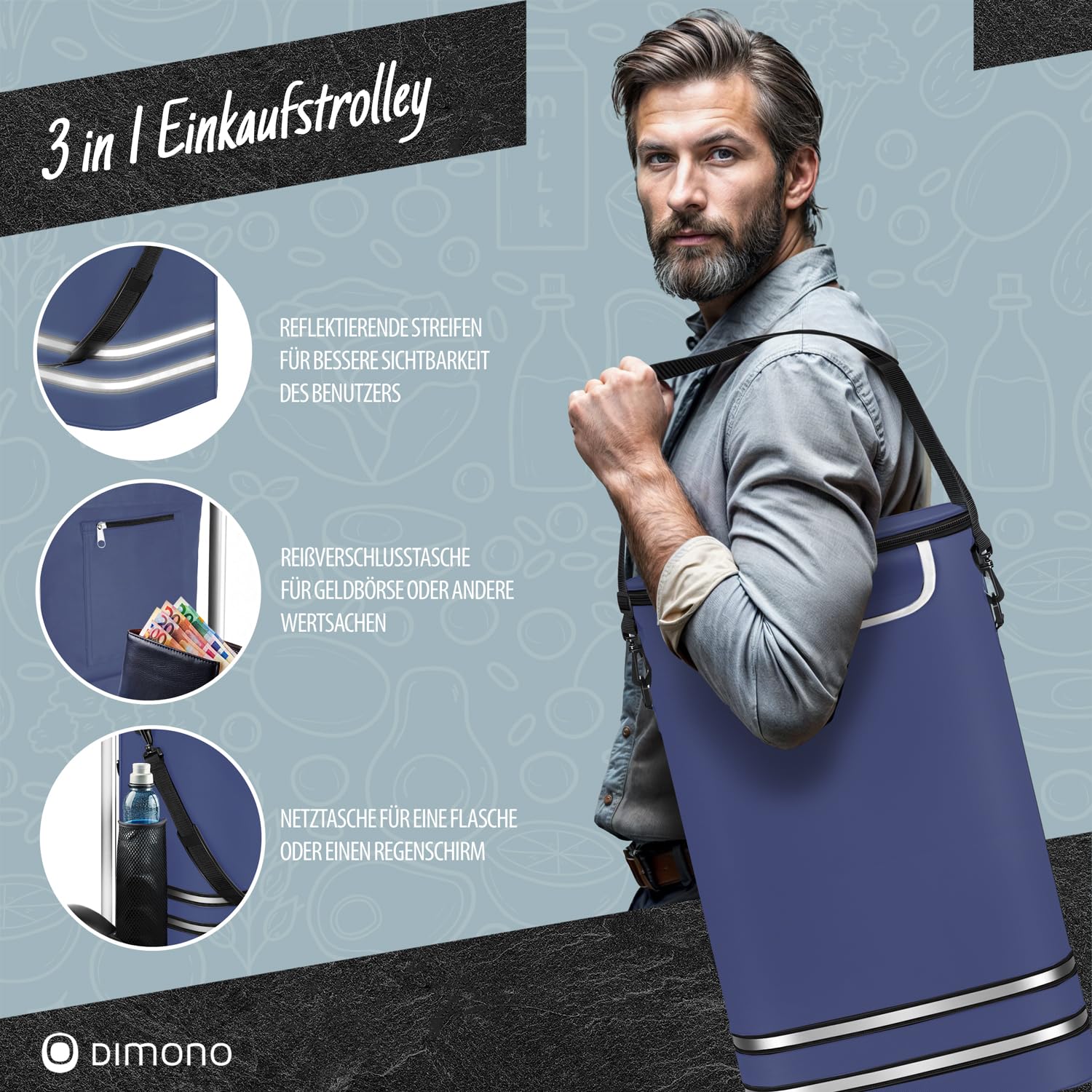 DIMONO® Einkaufstrolley klappbar, 56L Kühlfach, 30kg Tragkraft in Blau