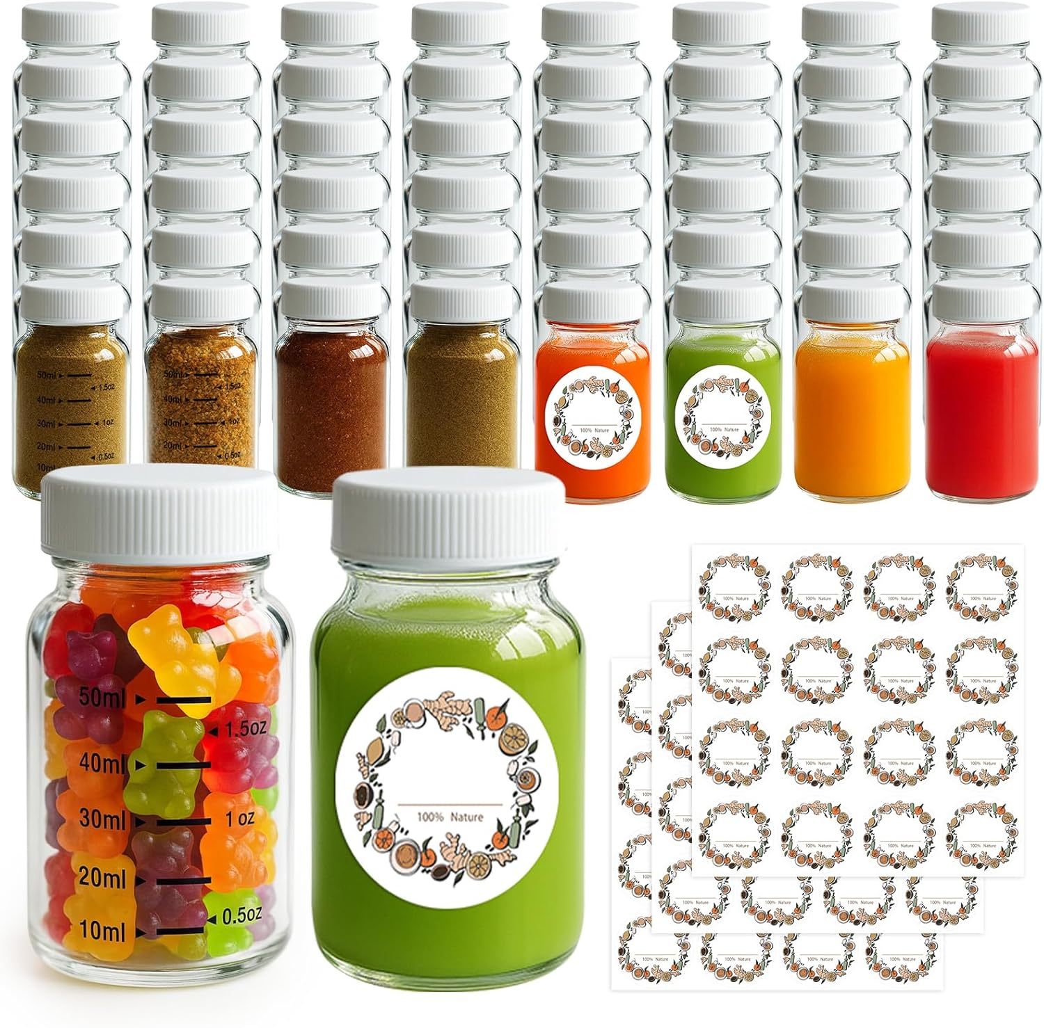 WERTIOO 48 Pack 2oz Glass Shot Bottles with White Caps – Leakproof Wellness Shot Glass Bottles with ml & oz Scale – Bulk Mini Glass Jars with Lids for Juicing, Ginger Shots, Catering & Events
