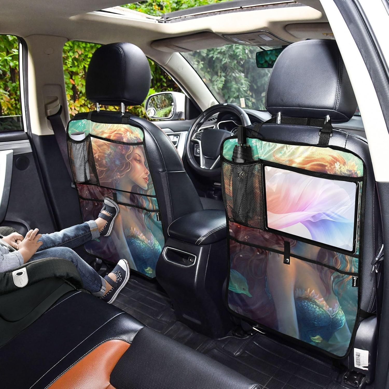 Car Seat Back Organizer Beautiful Mermaid Print, Backseat Protector with Pockets for Tablet Bottle Tissue Book, Auto Kick Mats 25x18 IN 2 Pack