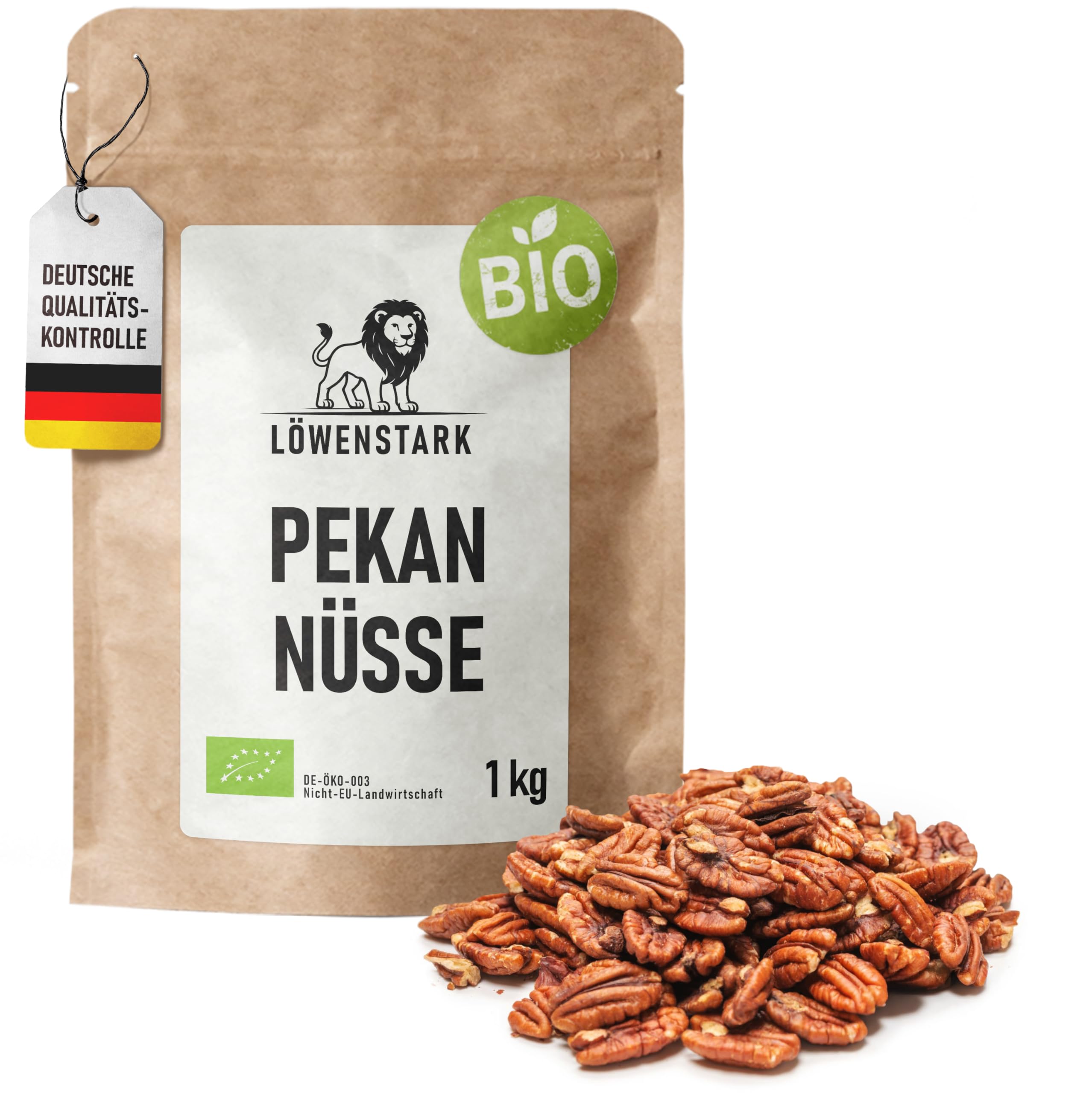 Löwenstark I Pekannusskerne BIO 1kg I Bio Pekannüsse mit süßlich-buttrigem Aroma I Knackige Bio- Pekan-Nusskerne, ideal zum Backen, für Müsli, Salate, Geflügel & Gemüse I Vegane Nüsse