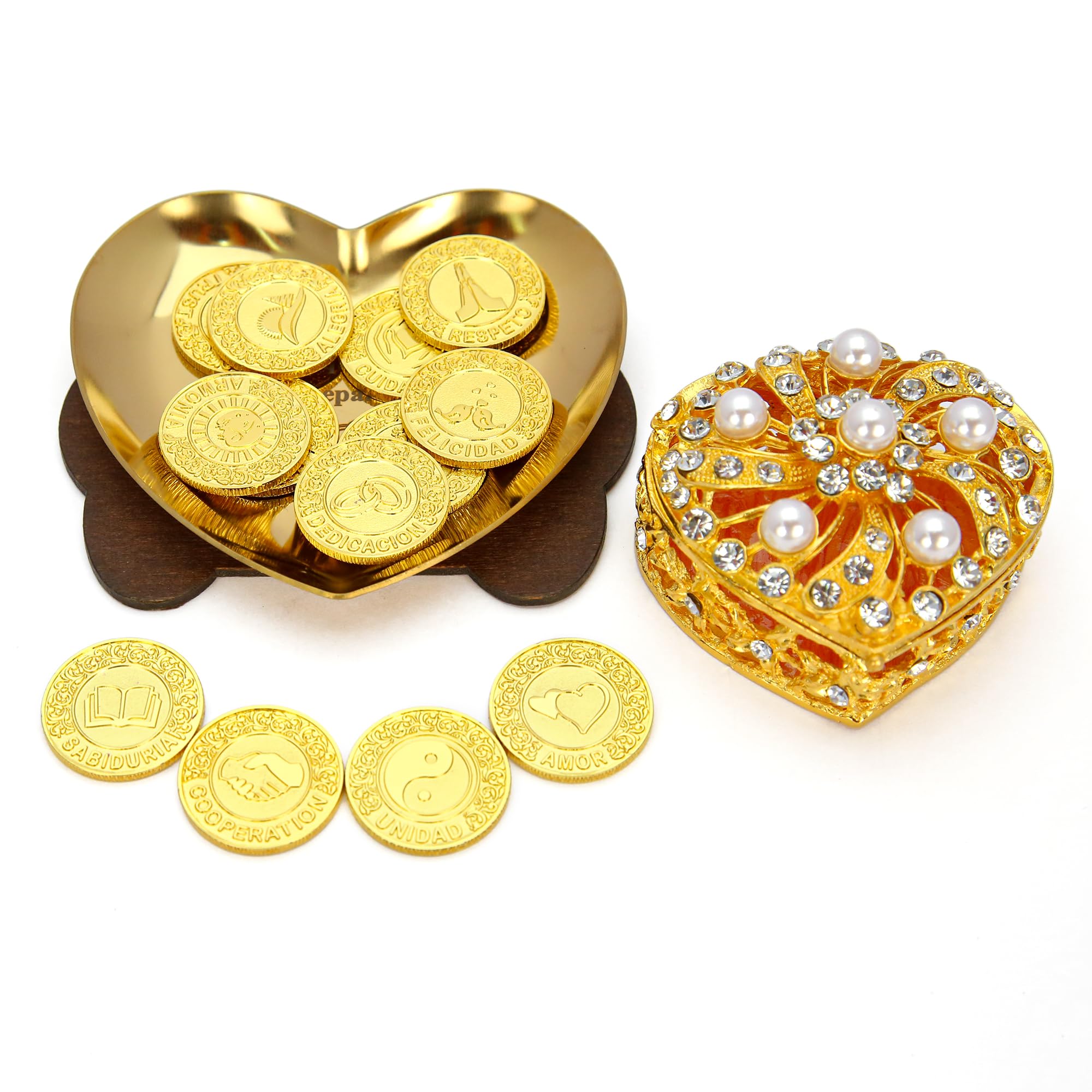 TINGKU - Arras para Boda Católica monedas de boda cristianas, 13 bendiciones únicas, recuerdos de matrimonio significativos caja de cuero Conjunto de monedas de boda española, monedas de oro PLD