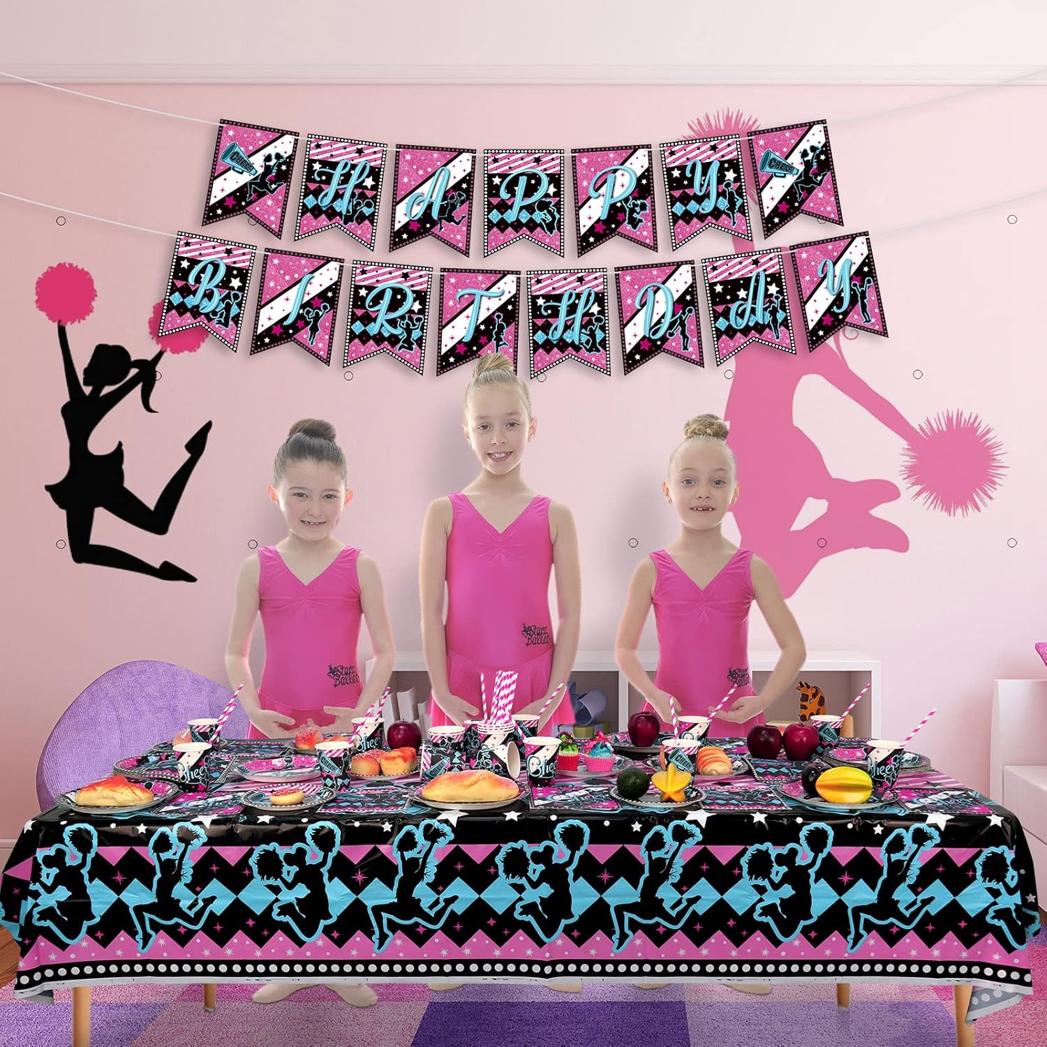 Cheerleading Party Decorations - Gymnastics Party Cheer Part Plates Tableware, Including Plates, Cups, Napkins, Tablecloth, Straw for Cheerleading Birthday Party Supplies, Serves 40
