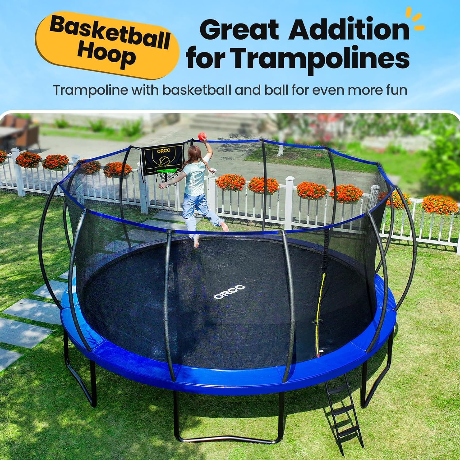 ORCC Kids Trampoline, 1300LBS Weight Capacity Trampoline 16 15 14 12 10 8FT with Basketball Hoop Water Sprinkler Spiral Ground Stakes Outdoor Yard Trampolines for Kids Adults