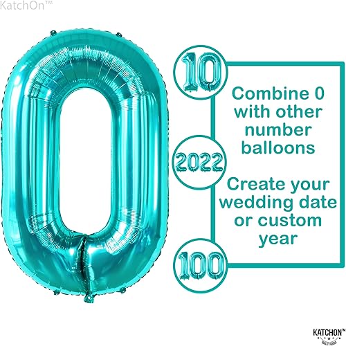 Miniatura 5 de KatchOn, Globos enormes de color azul aguamarina 0, 40 pulgadas, globos turquesa, globo verde azulado número 0, globos turquesa con números para