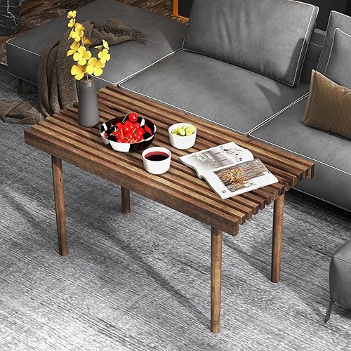 Miniatura 9 de COSTWAY Mesa de centro de madera de goma de 39 pulgadas, mesa central rectangular moderna con tablero de listones, mesa de té de cóctel rústica