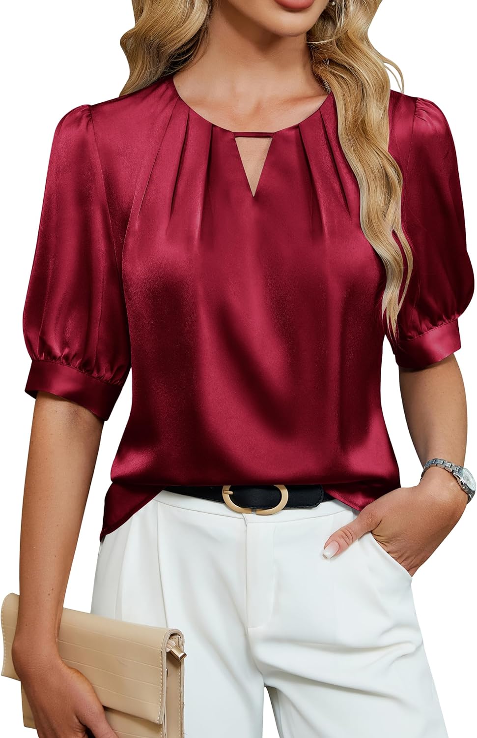 Blooming Jelly Women's Dressy Business Casual Blouses Silk Puff Sleeve Tops Summer Outfits V Neck Pleated Work Shirts 2025