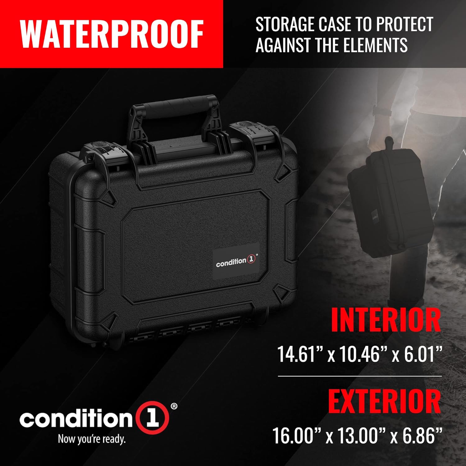 Condition 1 16" Medium Hard Case Lockable Storage Box, Waterproof Travel Plastic Case, Protective Luggage for Camera, Tactical Gear IP67, Made in USA, 179, 16"x13"x6.86" - Image 2
