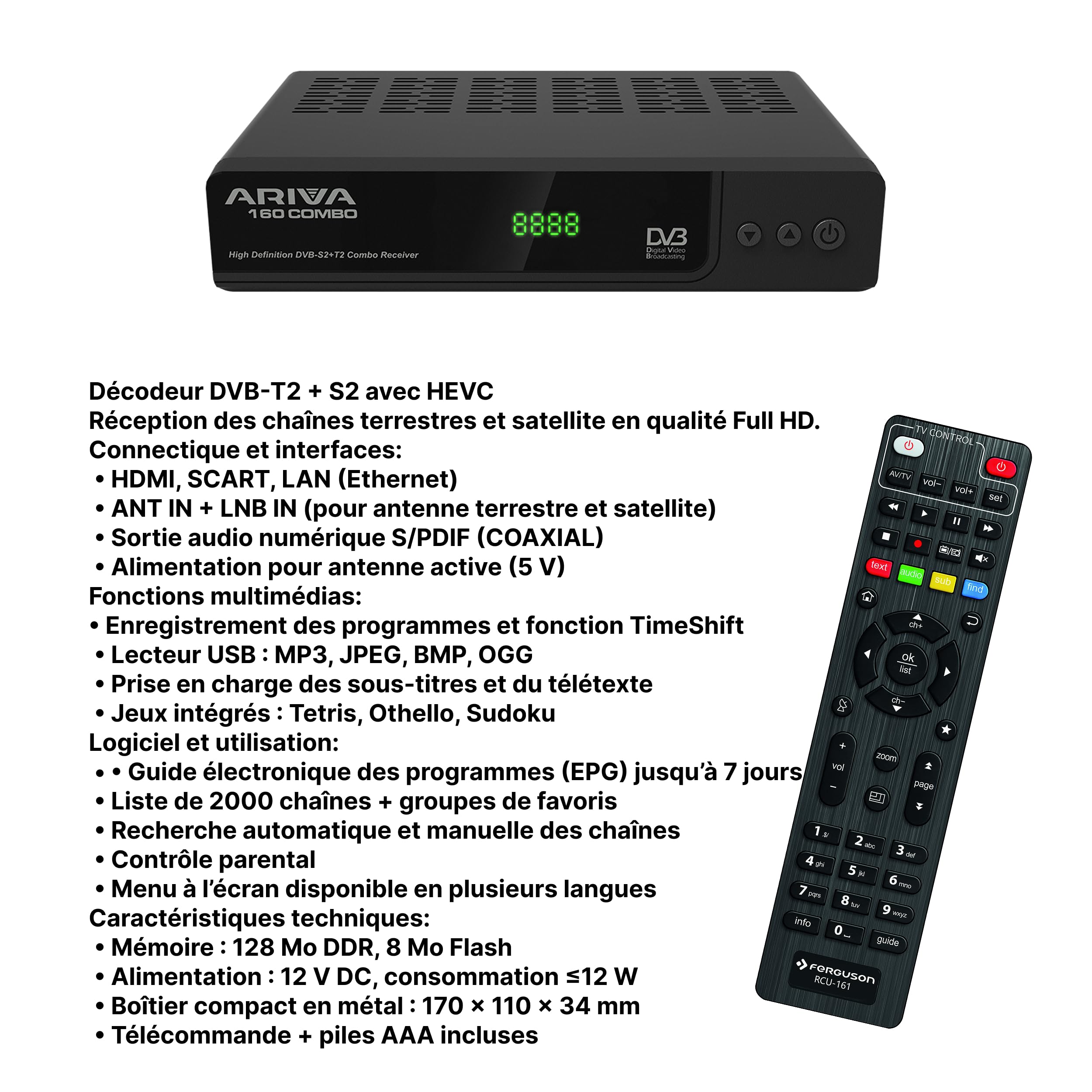 Ferguson Ariva 160 Combo – Récepteur DVB-S2 & DVB-T2 avec Full HD, H.265 HEVC, PVR, DLNA, WebApps, USB, LAN et télécommande programmable RCU 161
