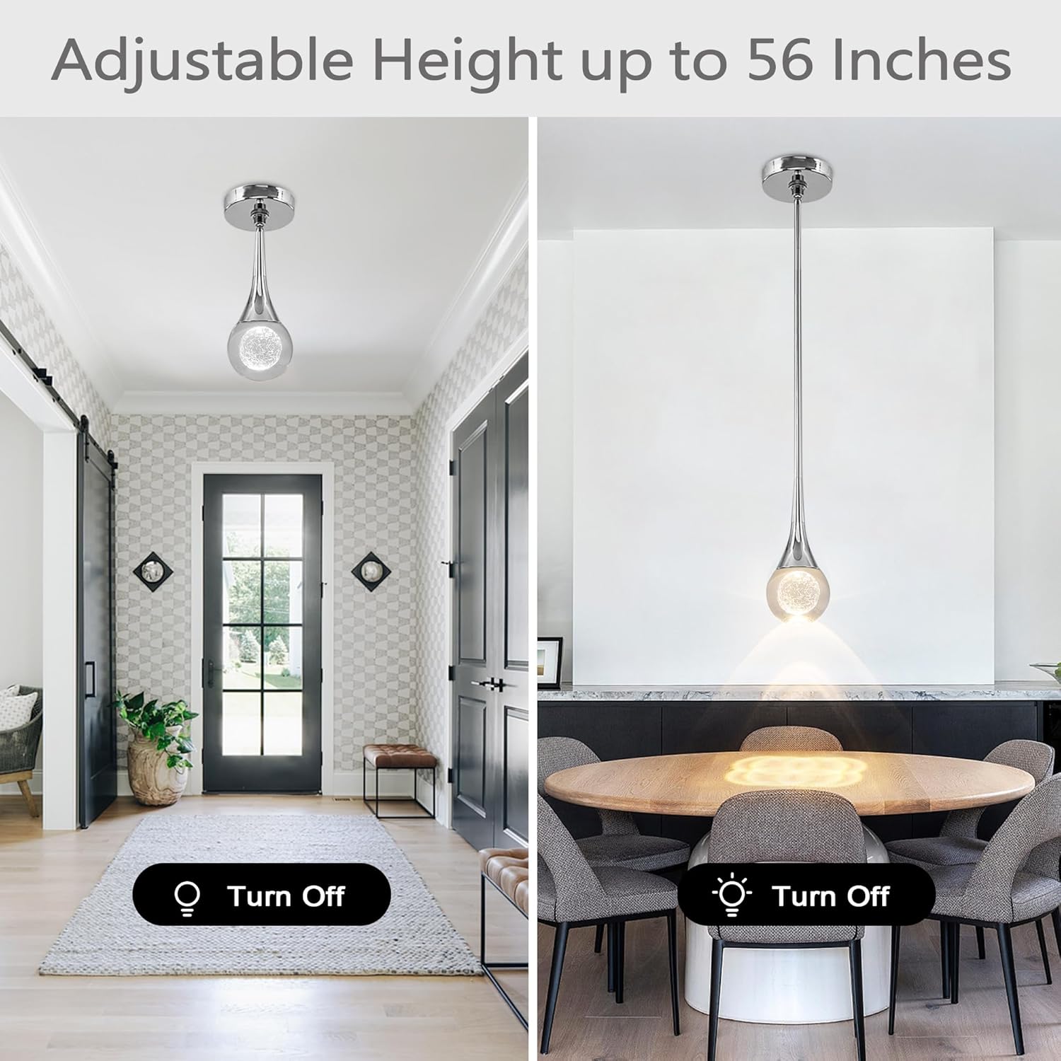 Untrammelife 1-Light Silver Teardrop Crystal Pendant Light, 3-Color Temperature Dimmable Pendant Light Fixtures, 8W LED Modern Ceiling Light, Globe Pendant Lights Kitchen Island Bathroom Bedroom Bar