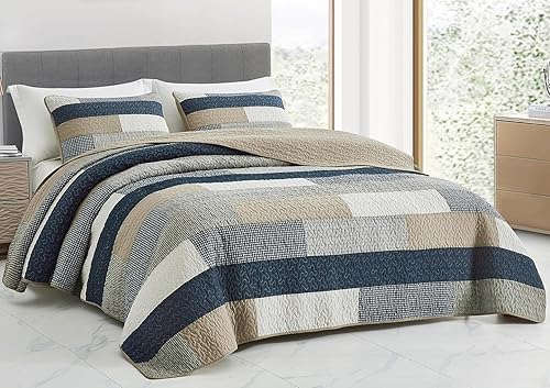 Vista 166 de Chezmoi Collection Samuel Juego de colcha con relleno de cuadros gris pardo, blanco y azul marino, 3 piezas, retales, algodón prelavado, ligero