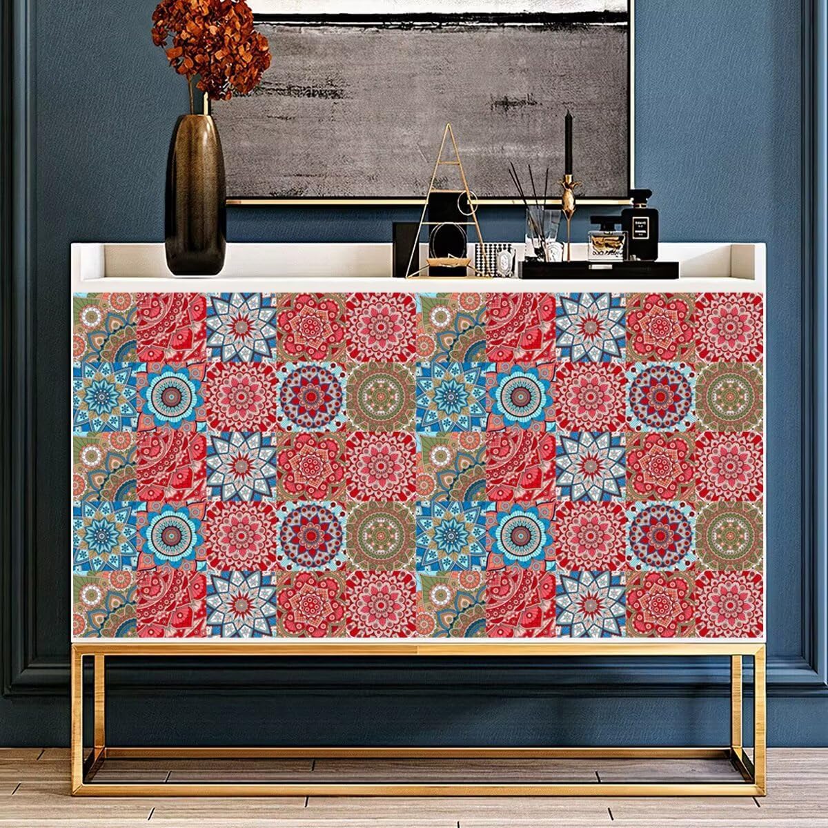Self-Adhesive Mandala Tile Stickers Peel and Stick Waterproof Wall Backsplash Decals, DIY Murals Home Decor for Kitchen/Living Room/Bathroom in Moroccan Talavera Design (6x6 Inch, Red)