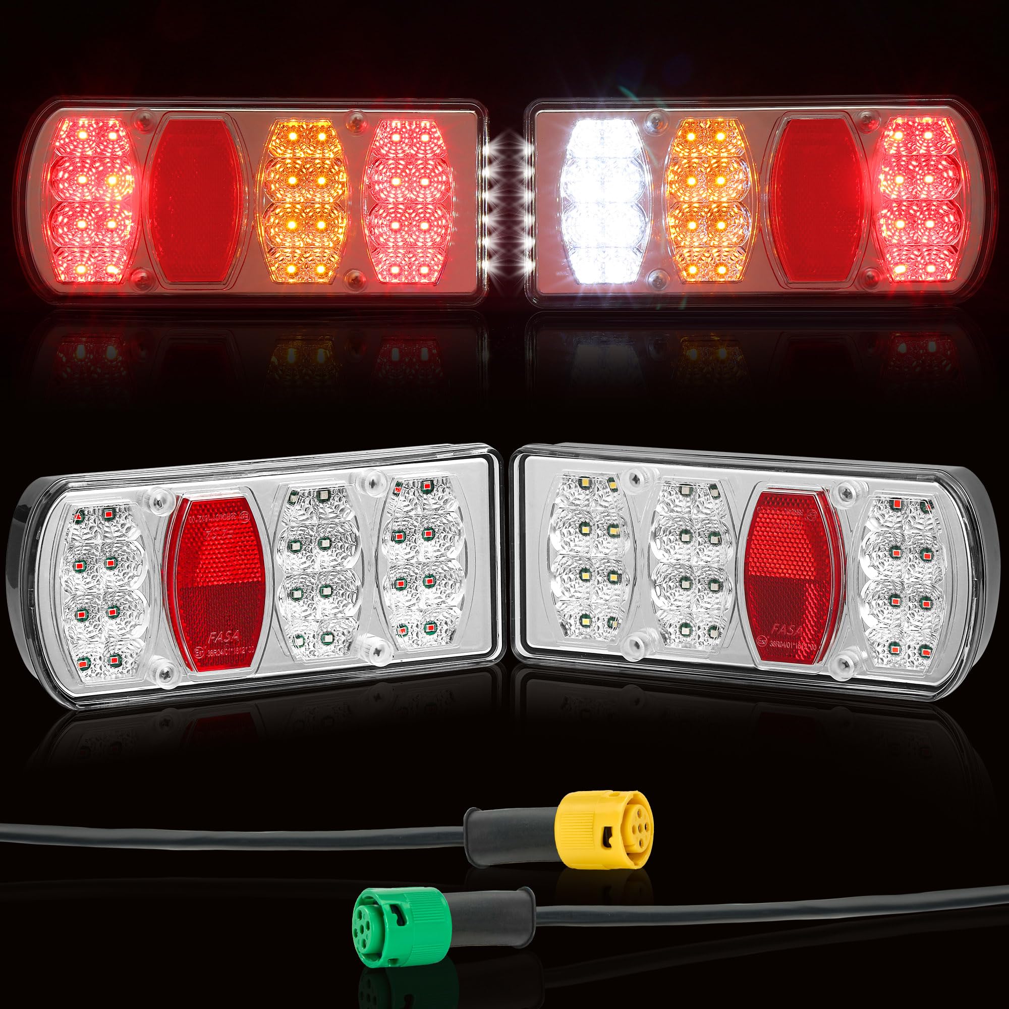 D-TECH Fanali Posteriori Rimorchio Omologati ECE 12V/24V 7 Funzioni Luci Posteriori LED Rimorchio Agricolo Fari Posteriori Furgokit per Roulotte Camion Trattore con Baionetta 5 Poli Cavo 30 cm