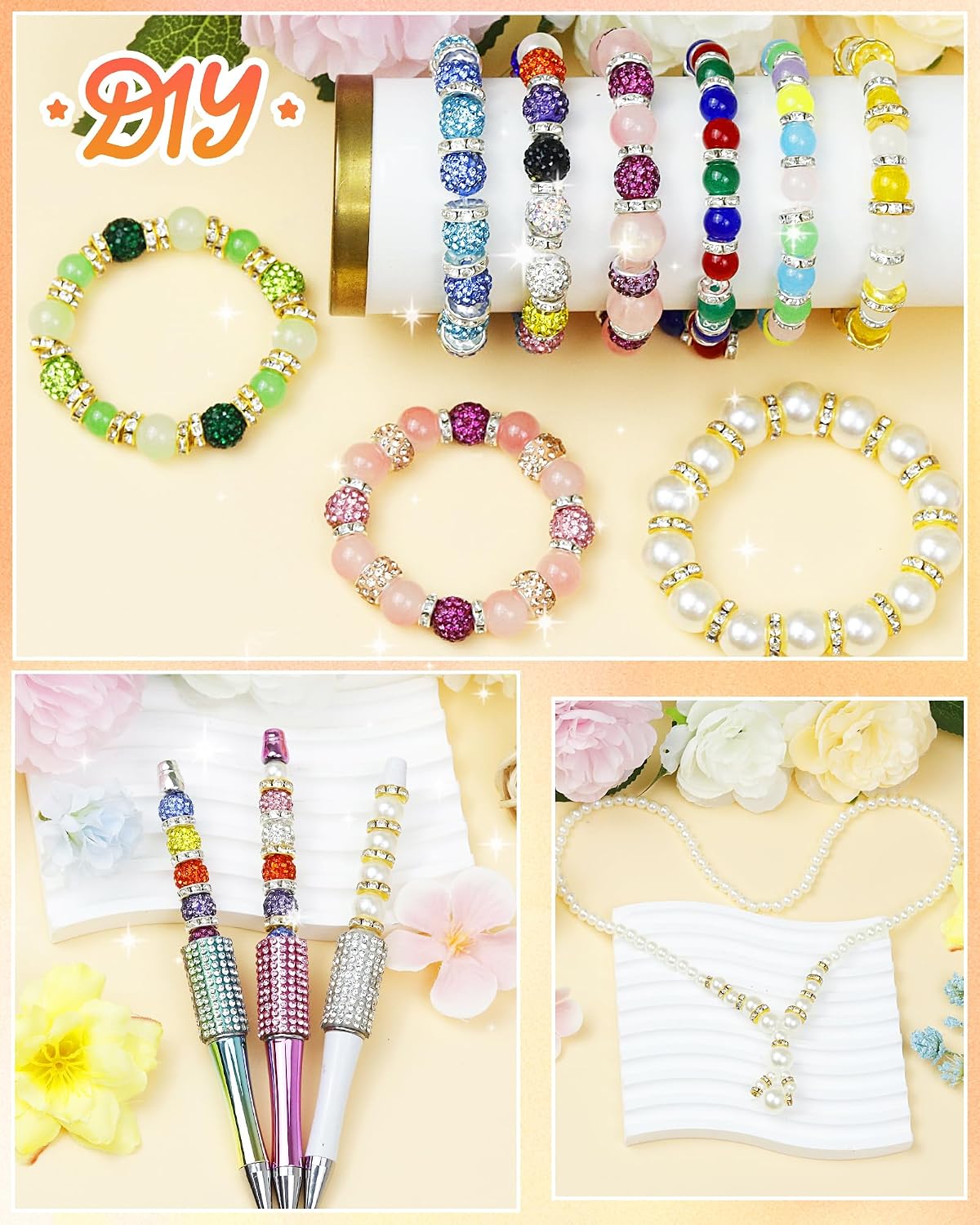 300pcs FIVEIZERO Rondelle Spacer Beads for Jewelry Making, 6mm, 8mm, 10mm Bead with Holes, Gold & Silver Rhinestone Beads for Beaded Pens, Craft Projects, Bracelets & Necklaces