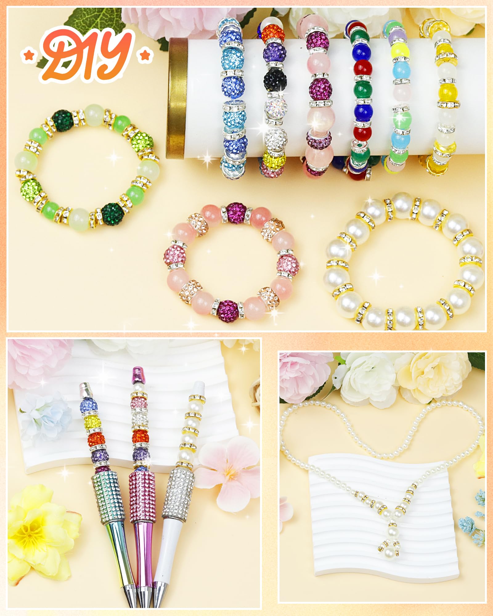 300 cuentas espaciadoras de diamantes de imitación FIVEIZERO para hacer joyas, cuentas de 6 mm, 8 mm, 10 mm con agujeros, cuentas redondas doradas y plateadas para bolígrafos de cuentas, proyectos de