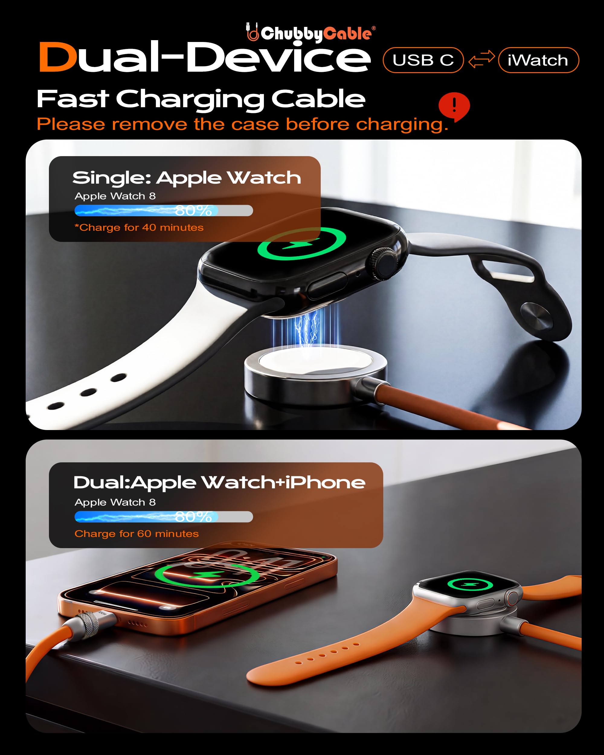 chubbycable 2-in-1 USB-C-Ladekabel für Apple Watch, 40 Minuten, 80 %, Orange, 1,2 m | All-in-One 2-in-1-Kabel mit Apple Watch Ladegerät und 100W USB C Schnellladung, ersetzt mehrere Kabel für Zuhause und Reisen