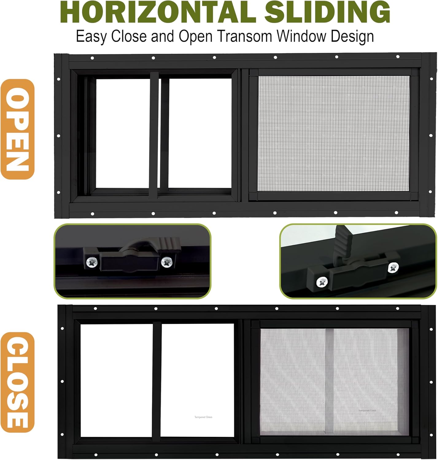 2 Pack Shed Windows, 12"x 29" Black Sliding Window Suitable for Chicken Coop, shed, Household, Barn - Transom Window with Tempered Glass and Fiberglass Screen (BK,12''x 29'')