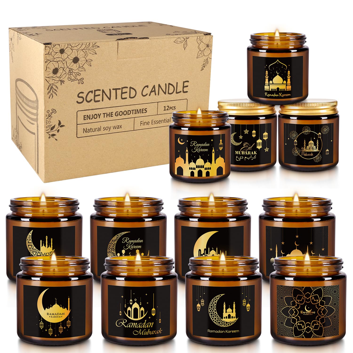 12 Pcs Ramadan Mubarak Scented Candle Set - Eid Candles for Home Decor, Aromatherapy Islamic Gifts for Women & Family, Mosque-Inspired Jar with Islamic Lanterns & Stars, Brown Soy Wax