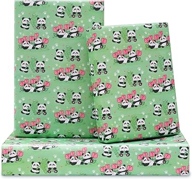 AircooL Panda Wrapping Paper for Kids Boys Girls, Cute Panda with Tulip Flower and Bamboo Gift Wrapping Paper 6 Sheets Foled Flat 20x30 Inches per Sheet, For Birthday Wedding Baby Shower