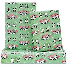 AircooL Panda Wrapping Paper for Kids Boys Girls, Cute Panda with Tulip Flower and Bamboo Gift Wrapping Paper 6 Sheets Foled Flat 20x30 Inches per Sheet, For Birthday Wedding Baby Shower