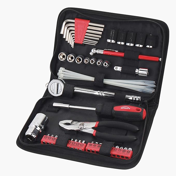 Apollo Tools DT9774 SAE Auto Tool Kit with Zippered Case, 56Piece, Red Automotive