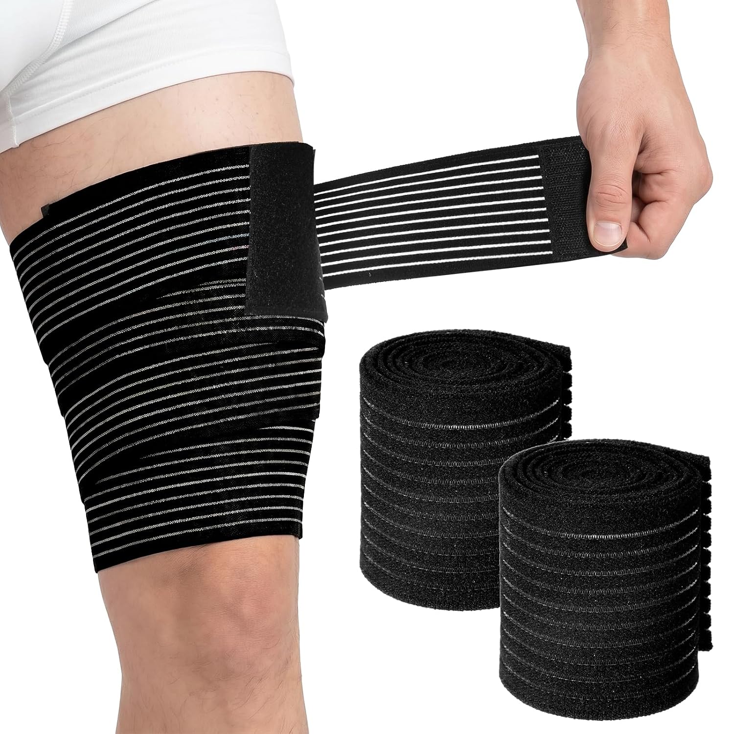 2Pcs Hamstring & Thigh Compression Wraps, Adjustable Hamstring Braces, Quad Knee Bandage Support Sleeve for Varicose Veins Treatment Pain Relief(Black)